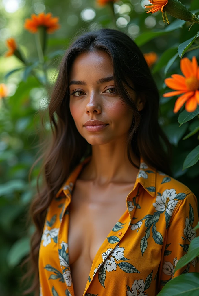 A Brazilian woman in a lush tropical garden, wearing an open shirt with a floral print, with a close-up capturing the harmonious beauty between her breasts and the natural flowers, showing off your natural charm and outgoing personality.