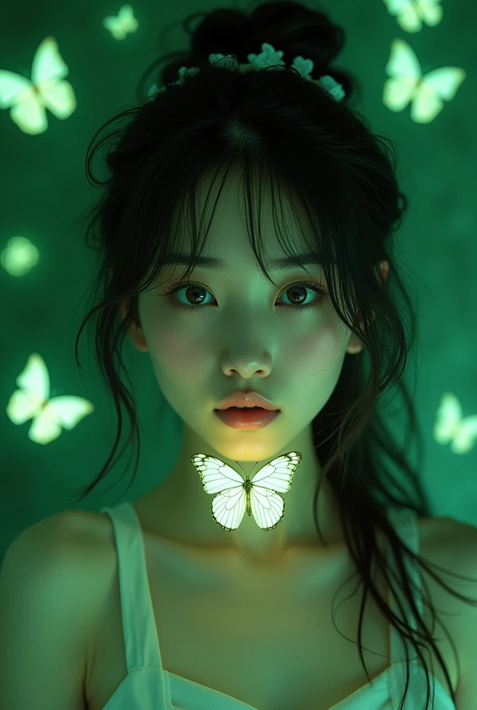 HD Photography,Real People,Beautiful Asian girl,She has long fluffy hair, Messy hair,There's a butterfly on my lips. She was wearing a white baggy tattered sweater,vegetation,Lush,, Fluorescent green color scheme, Soft shadows, close up, Minimalism, Soft colors, Swarms of glowing butterflies,The Art of Death,Death Stare