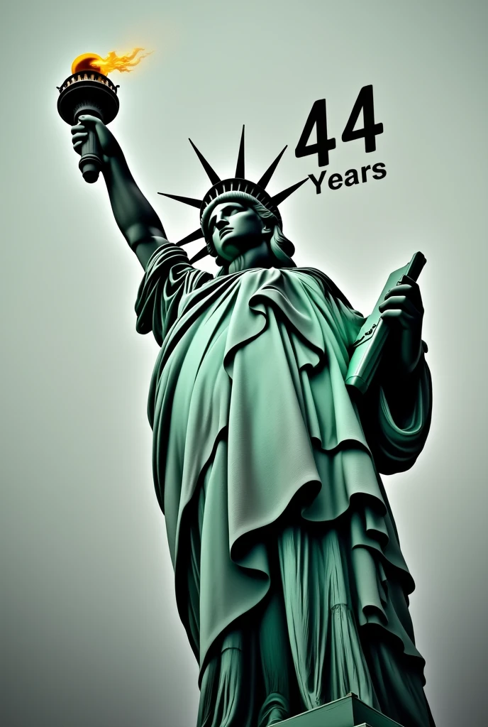 Create an image with the image of the statue of liberty holding a gun with the number 44 and the name caliber and the name years Create an image of a gun with a caliber of 44 in allusion to the 44th anniversary specifying the number 44 of the caliber and the age, remembering show the number 44 of the caliber and age and the number 44 years written and caliber written in the book