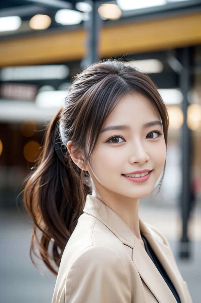 Tabletop, Highest quality, Realistic, Very detailed, finely, High resolution, 8k wallpaper, Cinema Lighting、1 person、Beautiful Japanese Women、30 years old、Light Brown Ponytail, Wear a business suit, (Blurred Background、Station platform、noon、Light of the sun)、Sharp focus, Perfect dynamic composition, Narrow eyes:1.5, finelyて美しい目, Thin Hair, Detailed and Realistic skin texture, (Smile:1.3), (Tilt your head), Close-up portrait, Model body type