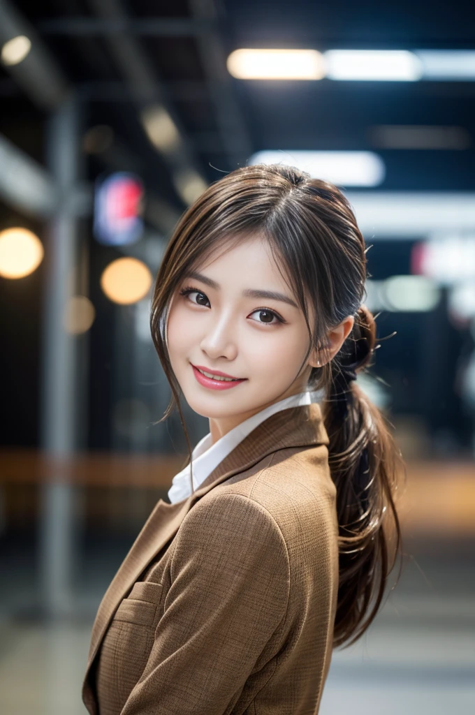 Tabletop, Highest quality, Realistic, Very detailed, finely, High resolution, 8k wallpaper, Cinema Lighting、1 person、Beautiful Japanese Women、30 years old、Light Brown Ponytail, Wear a business suit, (Blurred Background、Station platform、noon、Light of the sun)、Sharp focus, Perfect dynamic composition, Narrow eyes:1.5, finelyて美しい目, Thin Hair, Detailed and Realistic skin texture, (Smile:1.3), (Tilt your head), Close-up portrait, Model body type