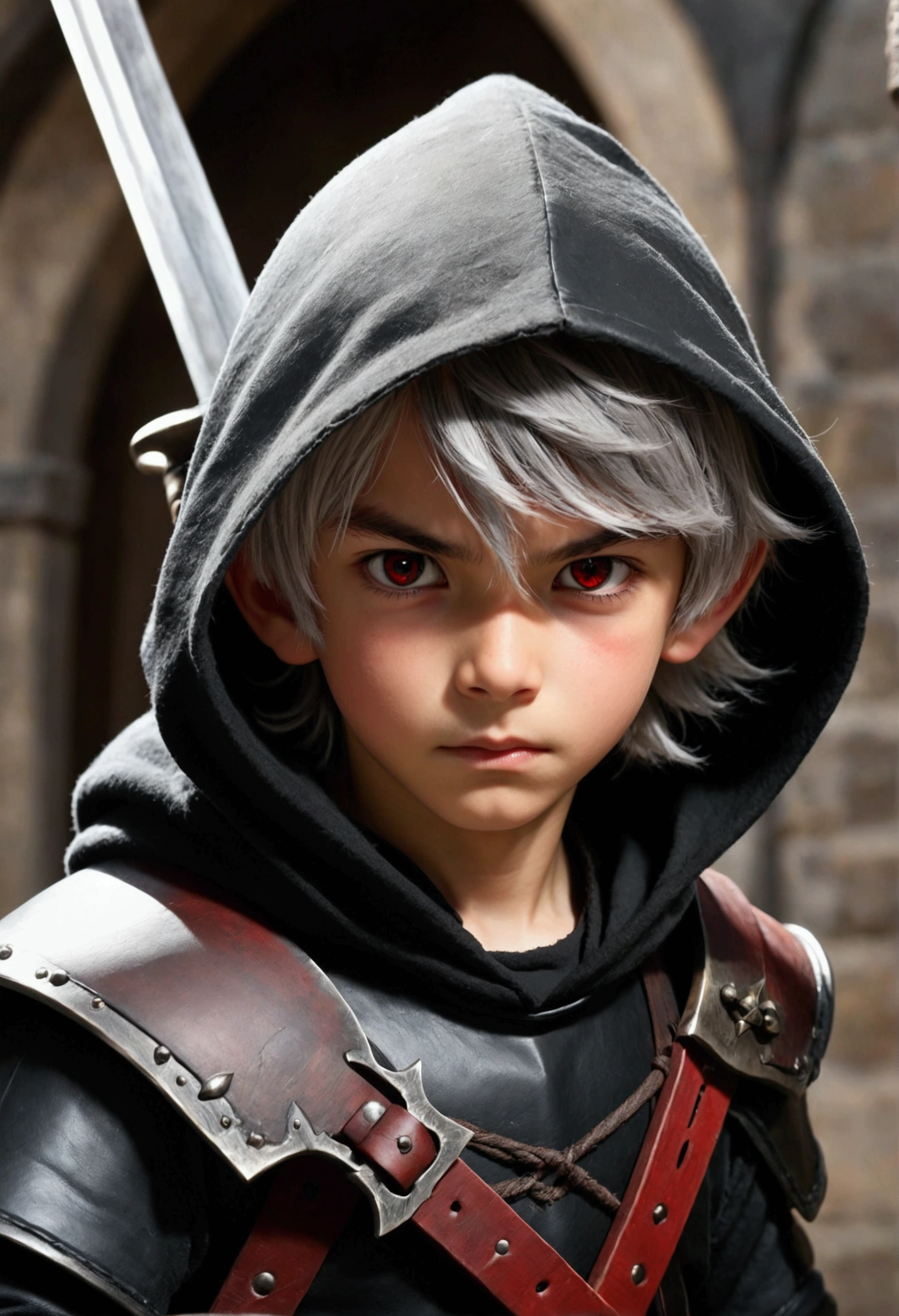 Short grey hair、Red Eyes、A fearless face、Black clothing with leather hood、Wearing gloves、Holding a medieval sword、1 boy、One caucasican boy Swordsman、combat style
