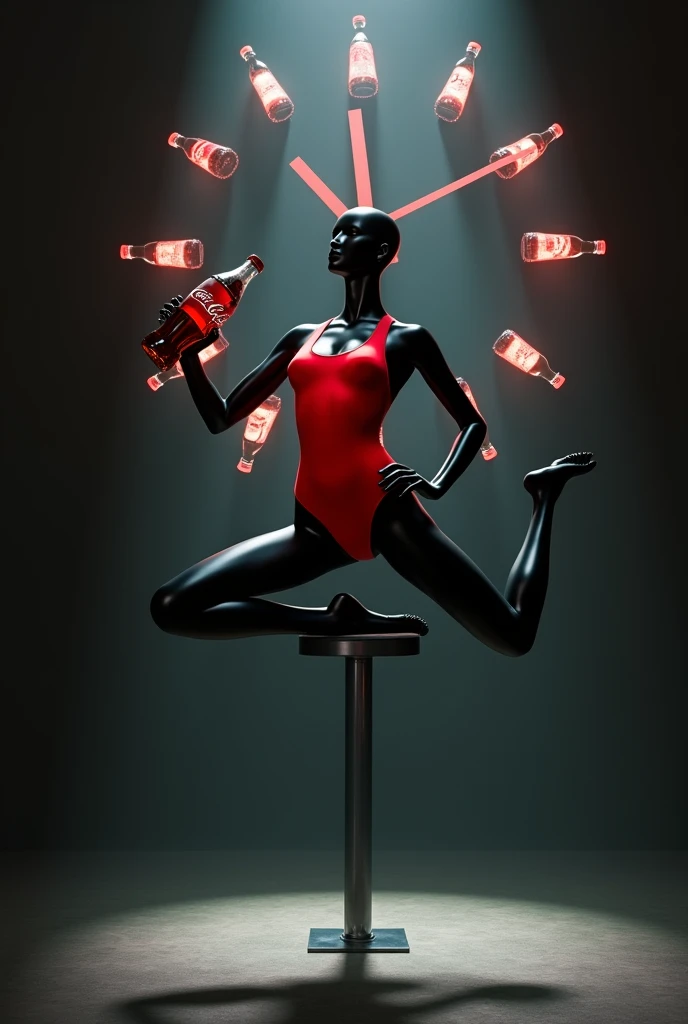 shop window with a black mannequin in a red swimsuit holding a coca cola in a floating yoga position, in the middle of a clock whose hands are coca cola bottles, on a dark background and highlighted in the middle