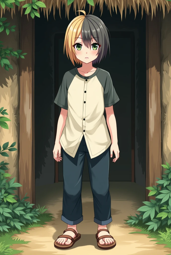 a fantasy anime boy with short and tidy "some blonde and some black hair with a little much red hair" mixed . White shirt with gray short sleeves and black edges, cream colored t-shirt underneath. The buttons are closed. Standing in front of the door of a house with straw walls and a hay roof. Among the greens and a single big tree facing. Old navy pants and old brown sandals. a strong exerciser and tall body that looks a little hot . looking at you seriously in a simple pose .  . shiny green eyes that have red halo around the pupils