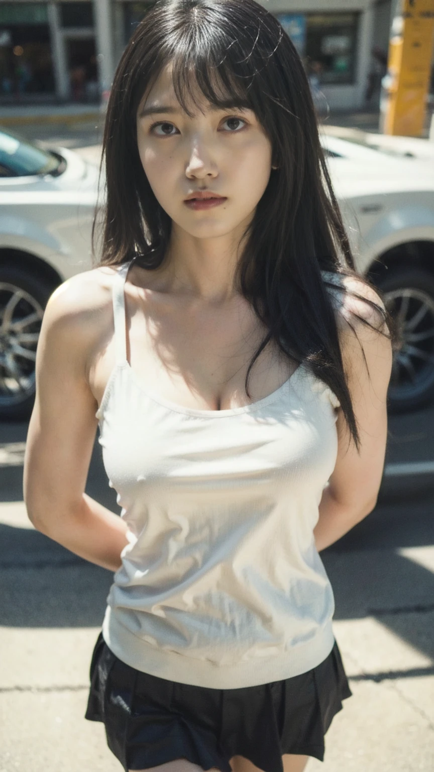 1girl, woman, masterpiece, best quality, highest quality, Cinematic lighting, (Front lighting), extremely detailed CG unity 8k wallpaper, focused, 8k wallpaper, extremely detailed, ultra realistic, photorealistic, sharp focus, absurdres, (HDR:1.2), (high contrast), photograph, detailed and intricate, instagram, portrait, highly detailed, digital painting, smooth, sharp focus, illustration, cinematic lighting, (Natural big breast), eyes looking at the viewer, ((medium shoulder)), (show thighs), (slender body), (((height 163cm))), (HQ skin:1.4, Realistic human body structure), (medium body shot, hips level shot), (Aerial shot photo), (Knit strap tanktop, black short skirt), (pale skin).