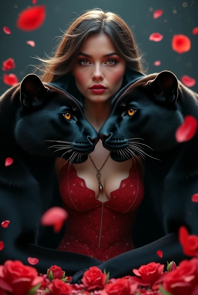 two beautiful and mysterious black panthers staring at each other with a piercing gaze one night. in the middle of them, Aphrodite, the mythological goddess of beauty and love. quero que Aphrodite esteja em sua versão mais intensa, passionate, sensuous, angelic and charismatic! quero Aphrodite em sua versão original, looking mythological even. quero que Aphrodite esteja acariciando as panteras e quero as panteras bem penetrantes, but looking forward. I want there to be red roses and red tulips scattered in the air, but mainly on the floor. tanto Aphrodite quanto as panteras precisam estar numa versão mais intimidadora. Aphrodite e as panteras tem que estar de pé. Aphrodite tem que estar com cabelos castanhos escuros e lisos, brown dark eyes, rosy cheek and red mouth. Aphrodite tem que estar com unhas vermelhas. as panteras tem que estar olhando para o mesmo lugar que Aphrodite olha. the image has to exude mystery, grandeur and sweetness at the same time. Aphrodite tem que estar de roupa branca e a noite tem que estar escura e estrelada. Aphrodite tem que estar atrás das panteras de alguma forma que ela apareça entre elas mas tenha uma presença marcante
