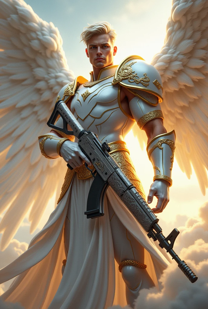 Warrior Angel in white and gold with the name alpha on the chest holding a silver ak-47 with dragon details