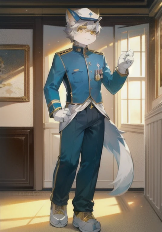 White male cat,boys,Handsome,Silver Hair,Detailed background,,Golden Eyes,Color military uniform,Wearing a lot of medals,serious,Wearing a military cap,With a saber,In the meeting room,Detailed background