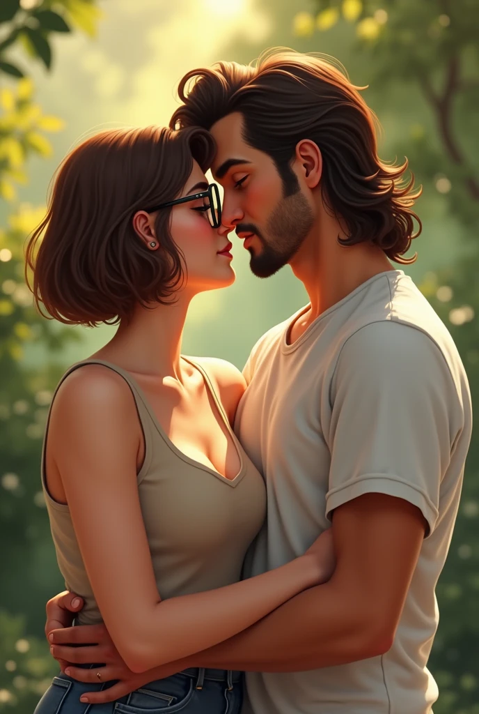A couple where the woman is white with brown short hair and glasses, a little fatter and the man from Colombia comes with thick mulet hair and light brown skin