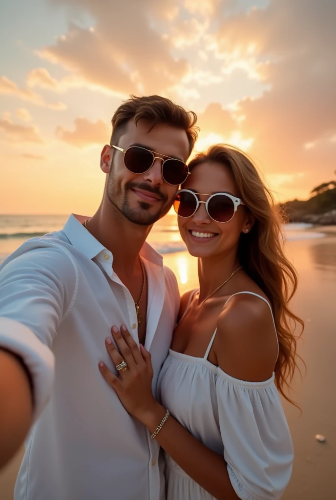 COUPLE TAKING A SELFIE ON THE BEACH AT SUNSET IN SERGIPE AND THE WOMAN WEARING STYLISH, ROUND RAIBAN GLASSES, BOTH WEARING WHITE CLOTHES
