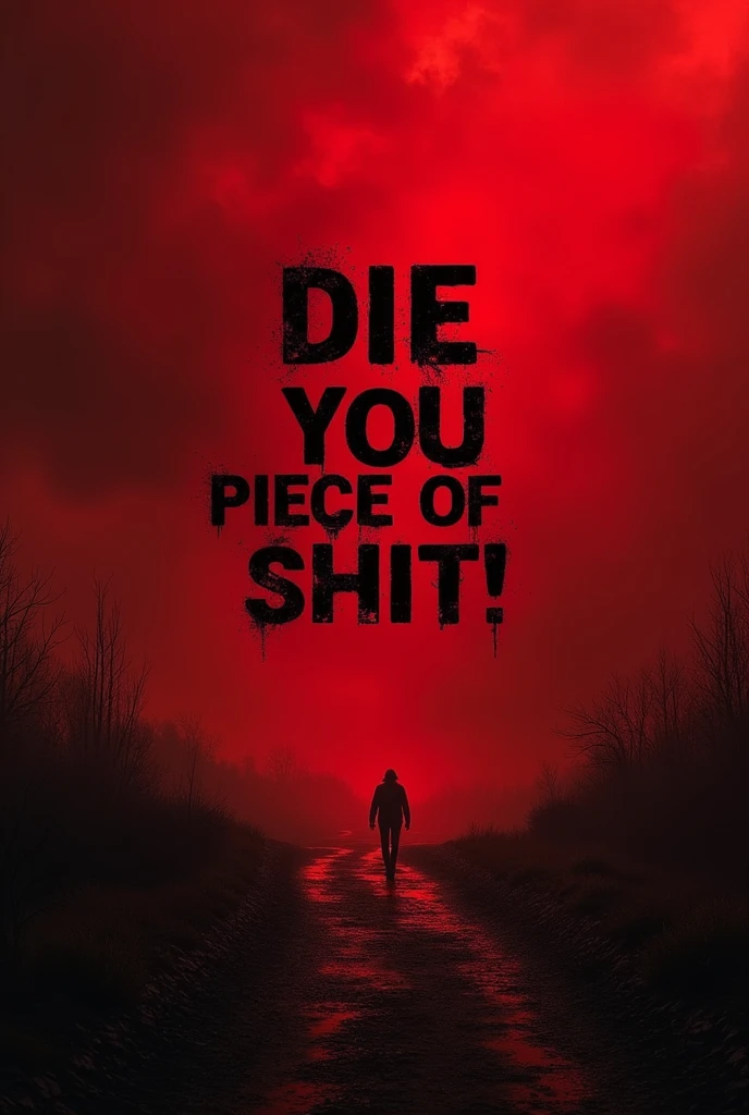 In a landscape image create a dark crimson background and have a saying say " Die you peace of shit!"