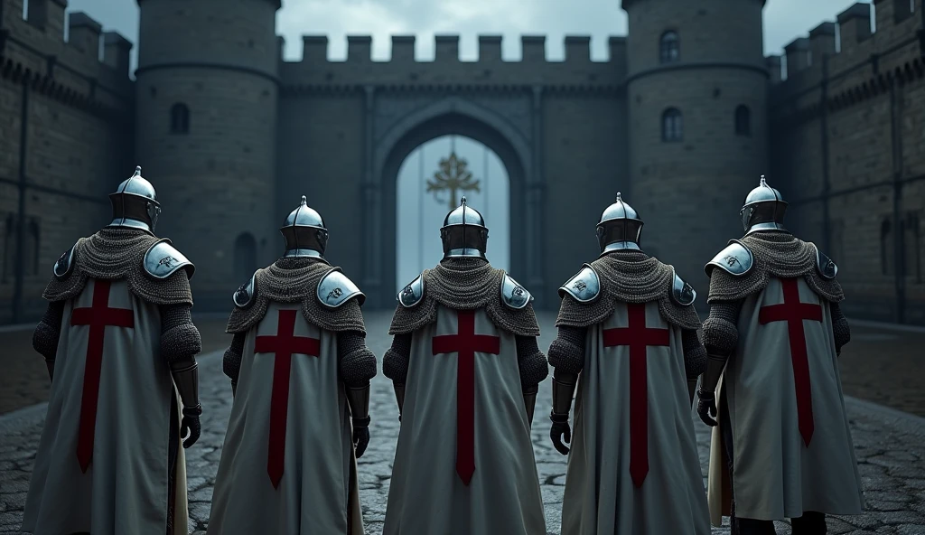 5 Knights Templar with helmets in front of the castle gate, the night