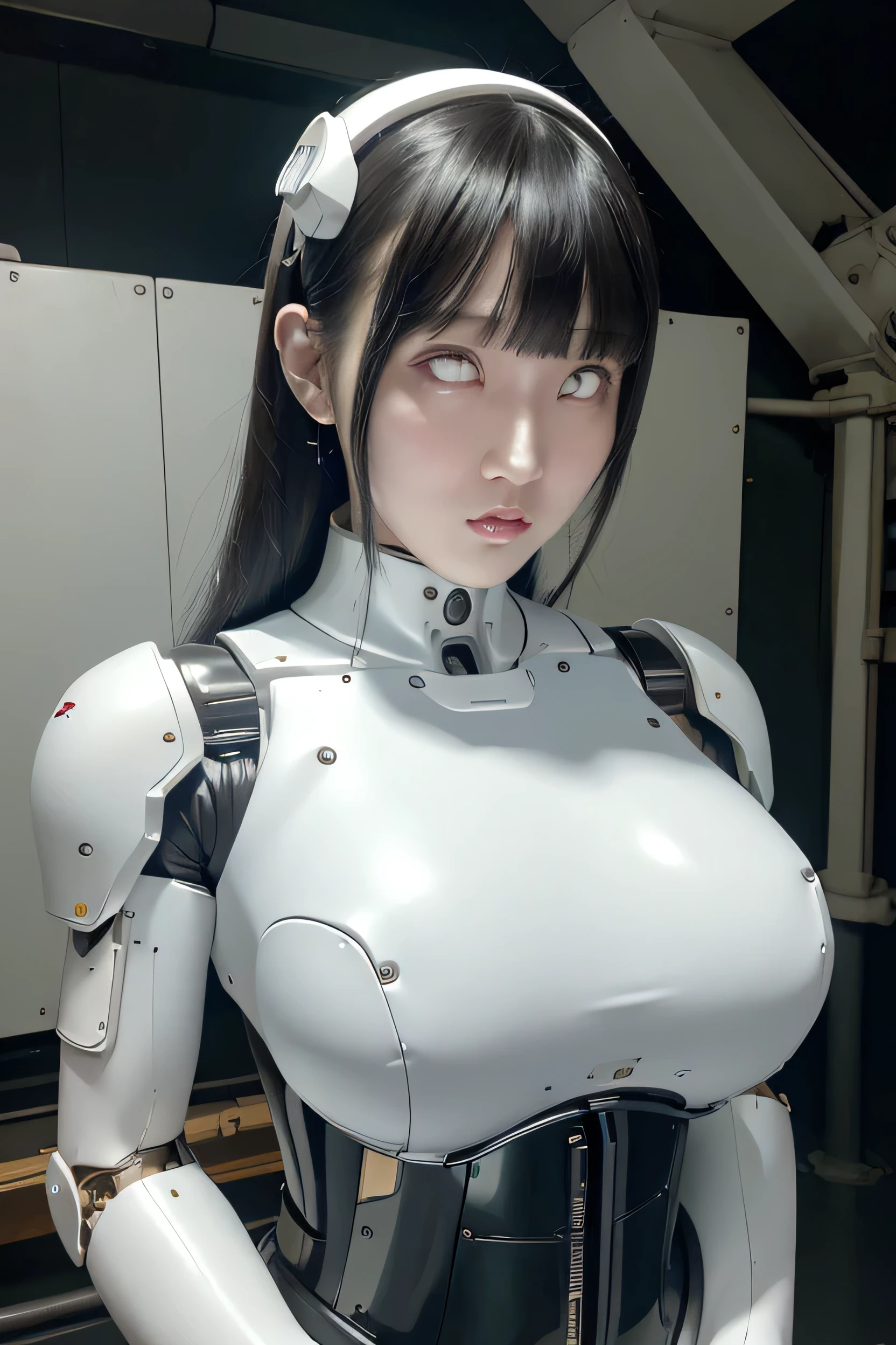 masterpiece, best quality, extremely detailed, Japaese Cyborg girl,Plump , control panels,android,Droid,Mechanical Hand, Robot arms and legs, Black Robot Parts,Black hair,Mechanical body,Blunt bangs,White robotics parts,perfect robot girl,long tube,thick cable connected her neck,ceramic body ,mechanical body, mechanical ear cover, mechanical costume,android,robot,humanoid,cyborg,japanese android woman ,mechanical chest,future laboratory,connecting a cable between the legs,white eyes