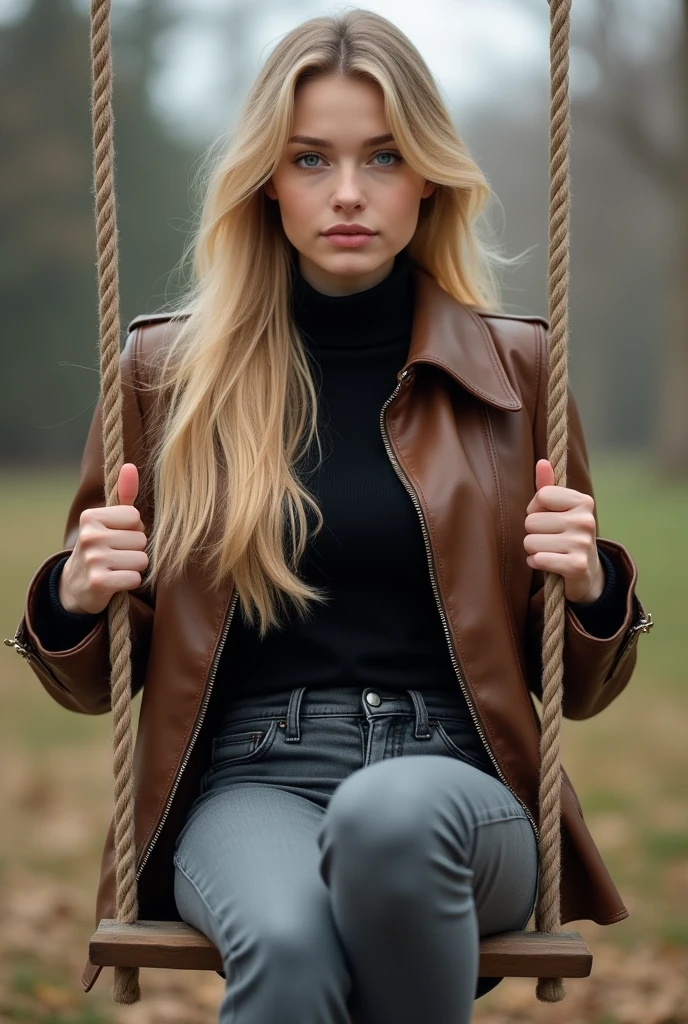 Create a realistic image of a 20 year old woman, long blonde hair, blue eyes, cheekbones, ((full body)),
dressed in gray jeans, a black turtleneck sweater, black ankle boots, a brown leather jacket, is on a swing, background image: a kindergarten, the head to toe, full body, hyper realistic photo