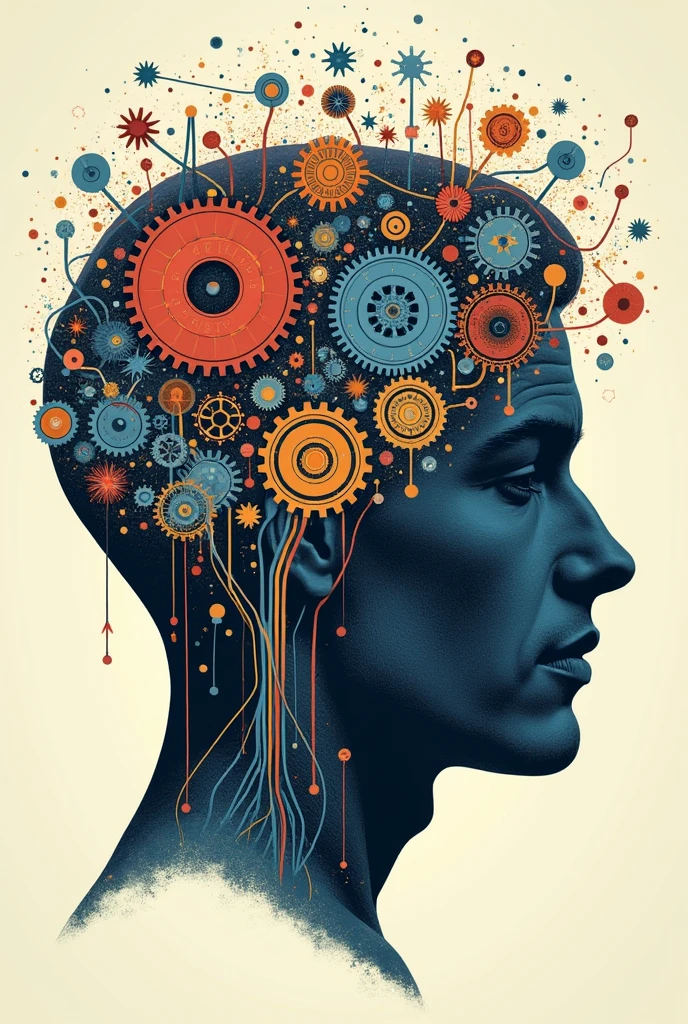 Poster of a man's face with typographic illustrations, intricate gears, interconnected neurons and elements that symbolize neurology, Create brain shapes, side view of face shape, 