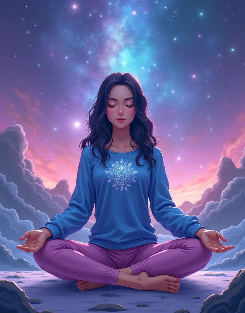 Create a anime style landscape image. Surreal, digitally created image featuring a young woman in a meditative pose. She is seated cross-legged on a dark surface, with her hands resting on her knees. The woman has long, wavy dark hair and a fair complexion. She is wearing a blue long-sleeved top with a sparkling design at the center and pink pants. The background is a stunning, cosmic scene with vibrant purples, blues, and pinks, resembling a galaxy with stars and nebulae. The overall composition creates a serene and mystical atmosphere, blending the human subject seamlessly with the celestial backdrop.