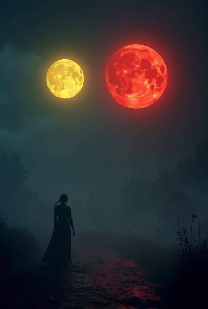 the sky was no longer blue, but black. ao mesmo tempo, two moons, one yellow and one red, were lighting up the world.
