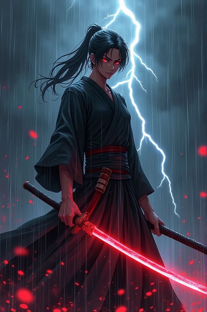 A anime with heavy rain fall and lightning in background and red shiny katana in hands and red eye