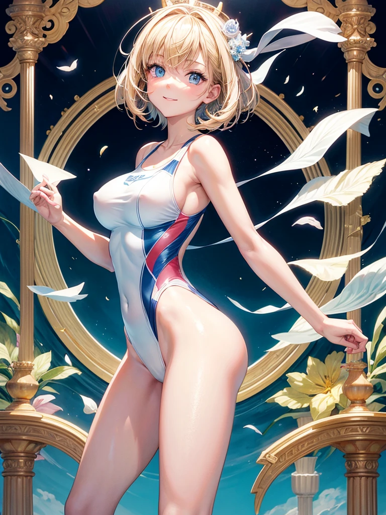 Anime style, super fine illustration, super clear illustration, highly detailed, beautiful detailed, super pale tone image, super delicate illustration, super calm & static image, static representation, gentle expression, 8k, pretty 1girl with blonde straight short hair & blue eyes & a bright smile & Big breasts & nipples & soft fair skin is wearing the competitive swimsuit in the swimming pool, happy stories, solo, perfect fingers, no more fingers, no less fingers, perfect arms, no more arms, no less arms, perfect legs, no more legs, no less legs, masterpiece,