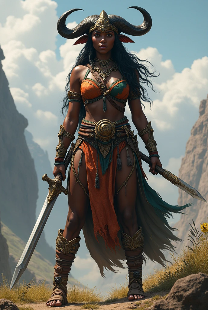 Iansã, Warrior Woman Wearing Red, Black skin and buffalo horns, carrying a sword and an eruexim