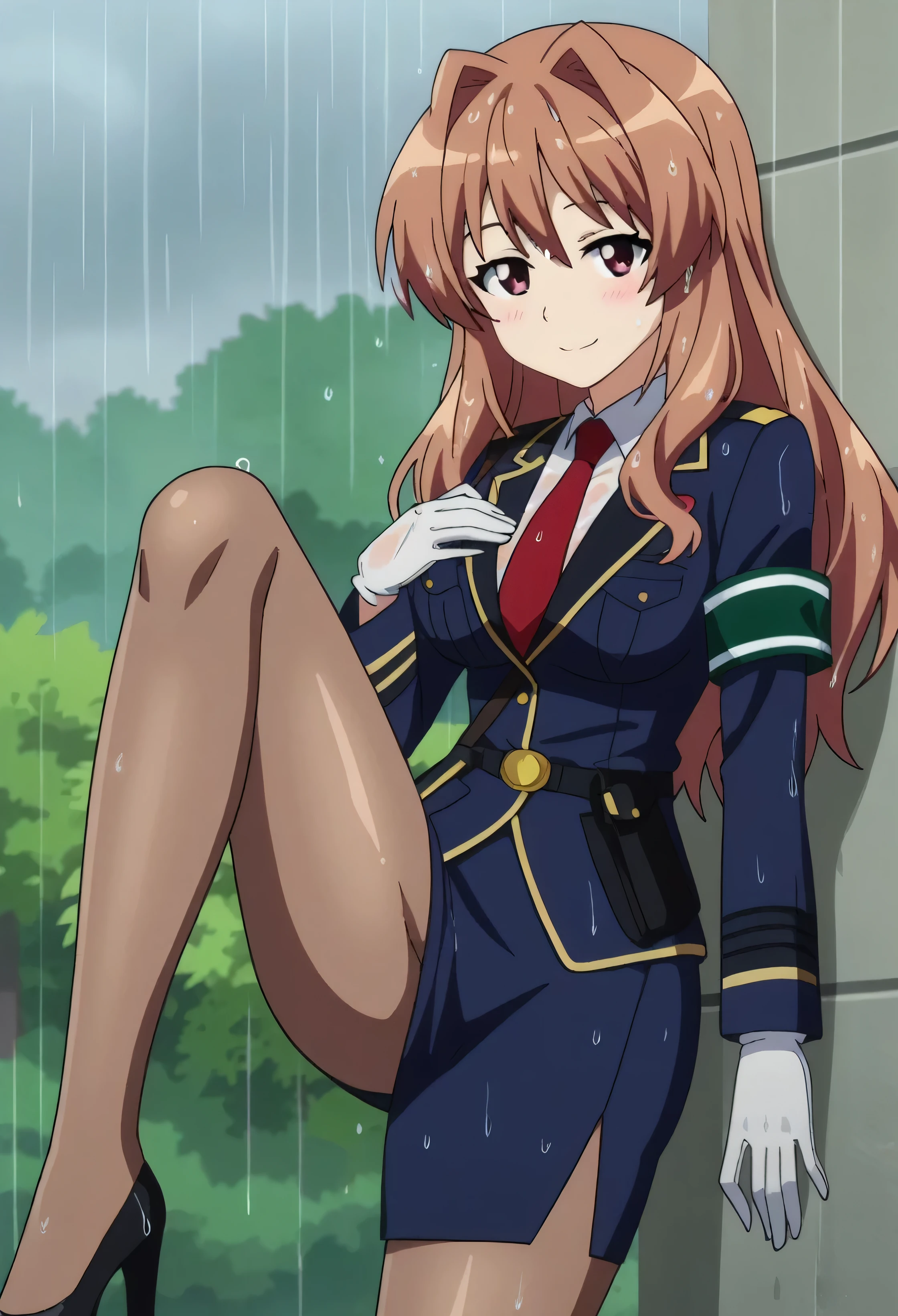 score_7_up, anime screencap,
1girl, solo, closed mouth, light smile, blush,
long hair, brown hair, brown eyes,
HarukaUniform, blue jacket, white shirt, red necktie, green armband, white gloves, pencil skirt, blue skirt, brown pantyhose, long sleeves, shiny clothing, looking at viewer, thigh gap, cowboy shot, high heels
outside, raining, soaked, wet, wet clothing, wet hair, pinup pose, sexy, leaning back, massaging own leg, horny, foreplay, sultry, bedroom eyes, water droplets, front side view, raised leg, hand on breast,