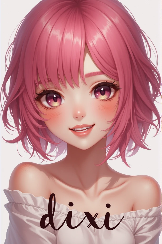 avatar a girl with pink hair with a beautiful smile, the Dixi inscription in the middle