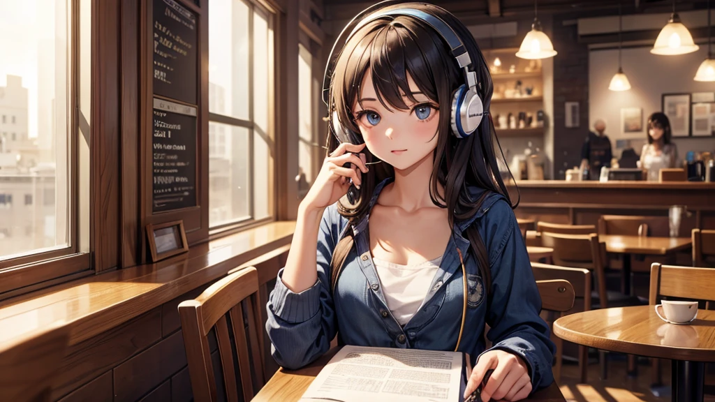 Girl with headphones enjoying music in a cafe　I am studying　Emphasize a little bit of the chest