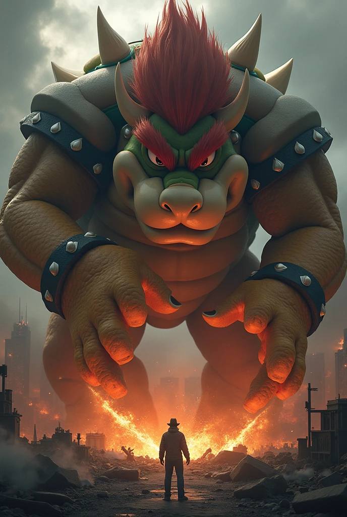 bowser getting bigger and bigger, destroying a city,looking at his claw, where there is a disabled person with love, Digital art
