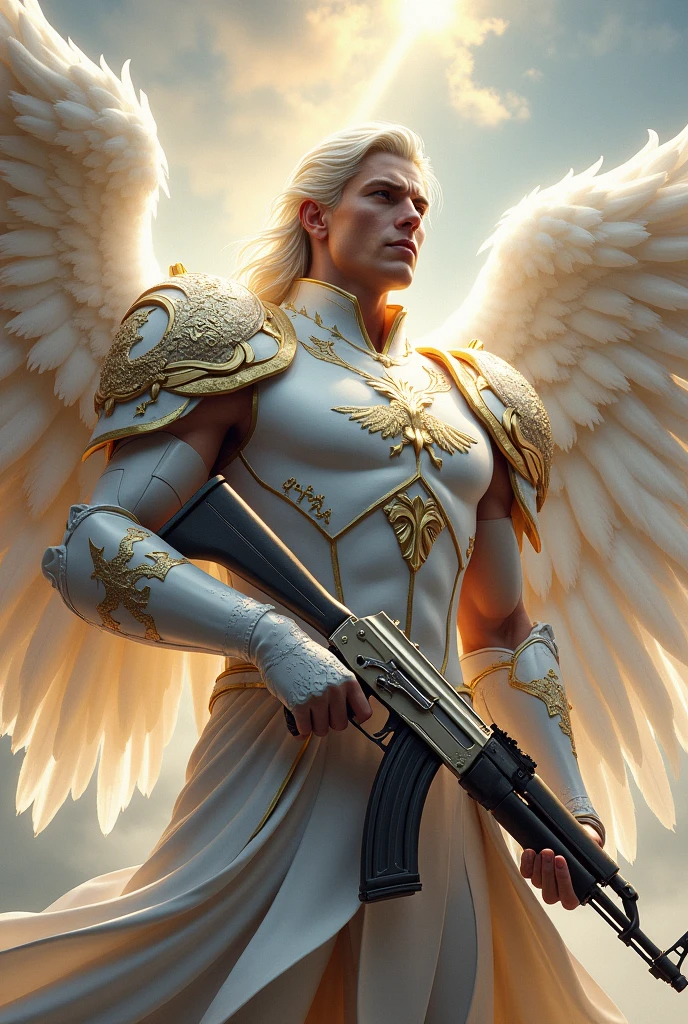 Warrior Angel in white and gold with the name alpha on the chest holding a silver ak-47 with dragon details