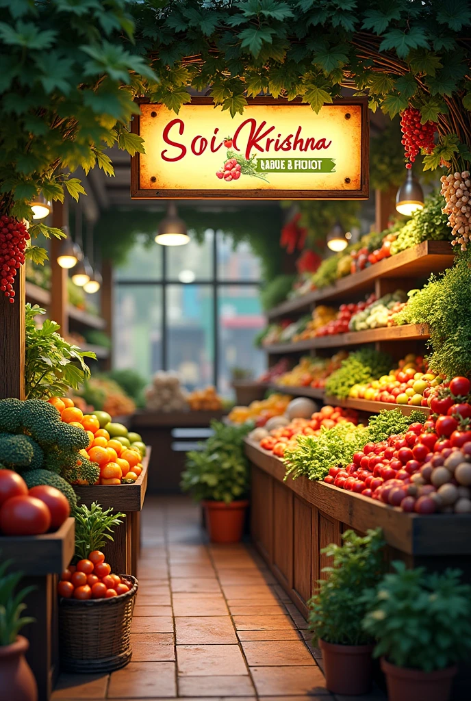 Create image of vegetables and fruits then add name on the top,sri Krishna vegetables & fruits  
Create realistic image of shop 