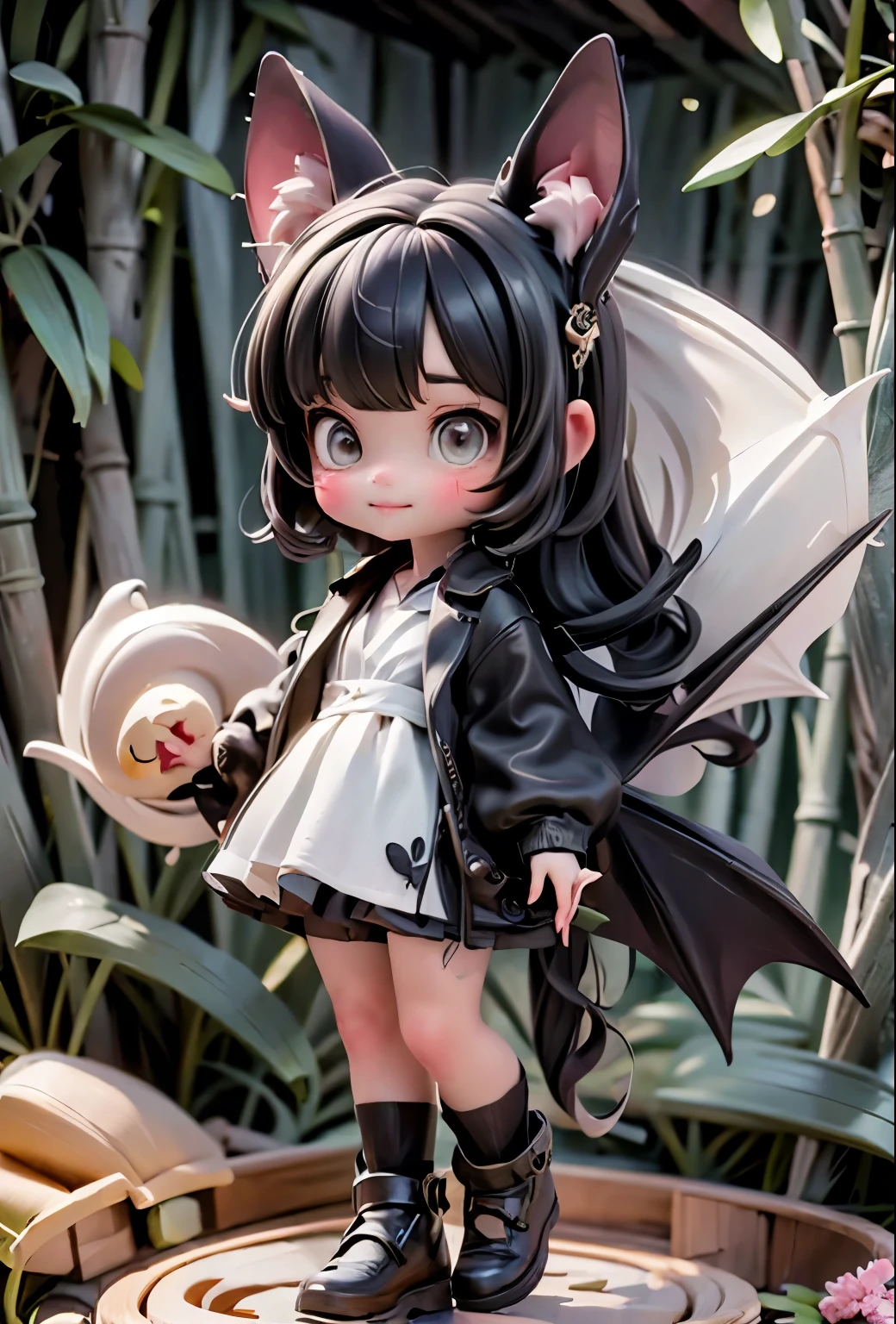 a cute bat girl walking into a bamboo forest