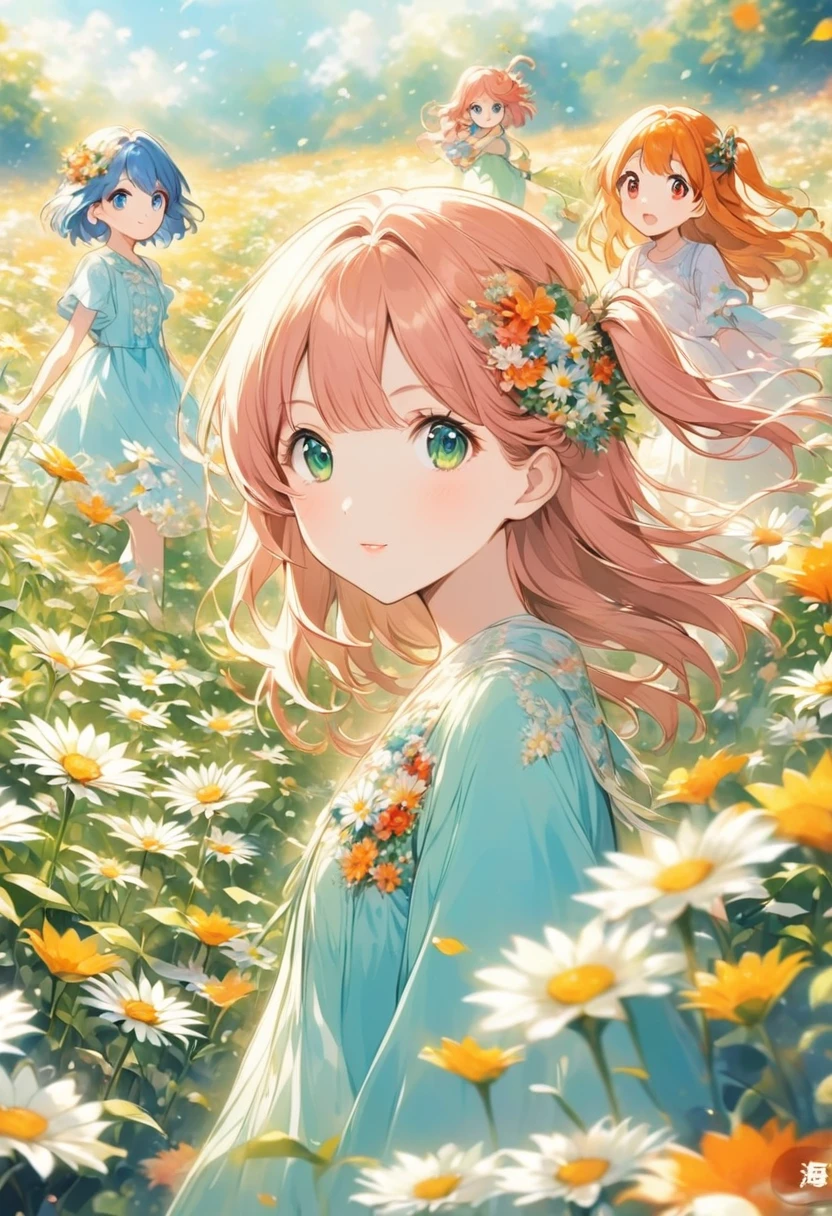 (Misty_Pokemon)
(Berry Short,Orange Hair,one side up hair,Big green eyes,Small breasts,Skinny) with your three sisters in a beautiful field of flowers, art style Ranma 1/2 .Pokémon , sisters , Lily ( blonde hair, green eyes, flower decorating her hair, mole near her right eye) Violet (long blue hair, red eyes) Daisy (pink hair wavy at the ends, blue eyes) 4 girl , character pokemon, sisters , 