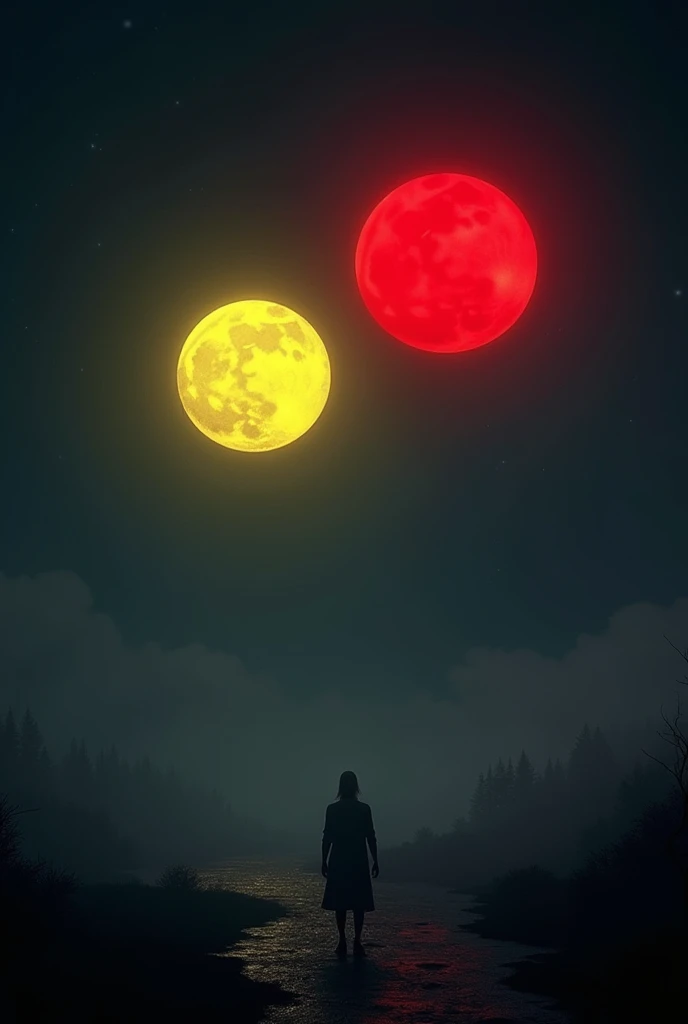 the sky was no longer blue, but black. ao mesmo tempo, two moons, one yellow and one red, were lighting up the world.