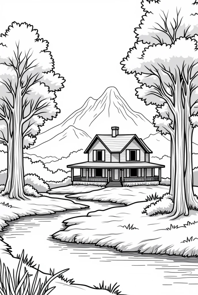 Landscape with a country house, trees, a river, mountains in the background, only outline of the drawing, black and white