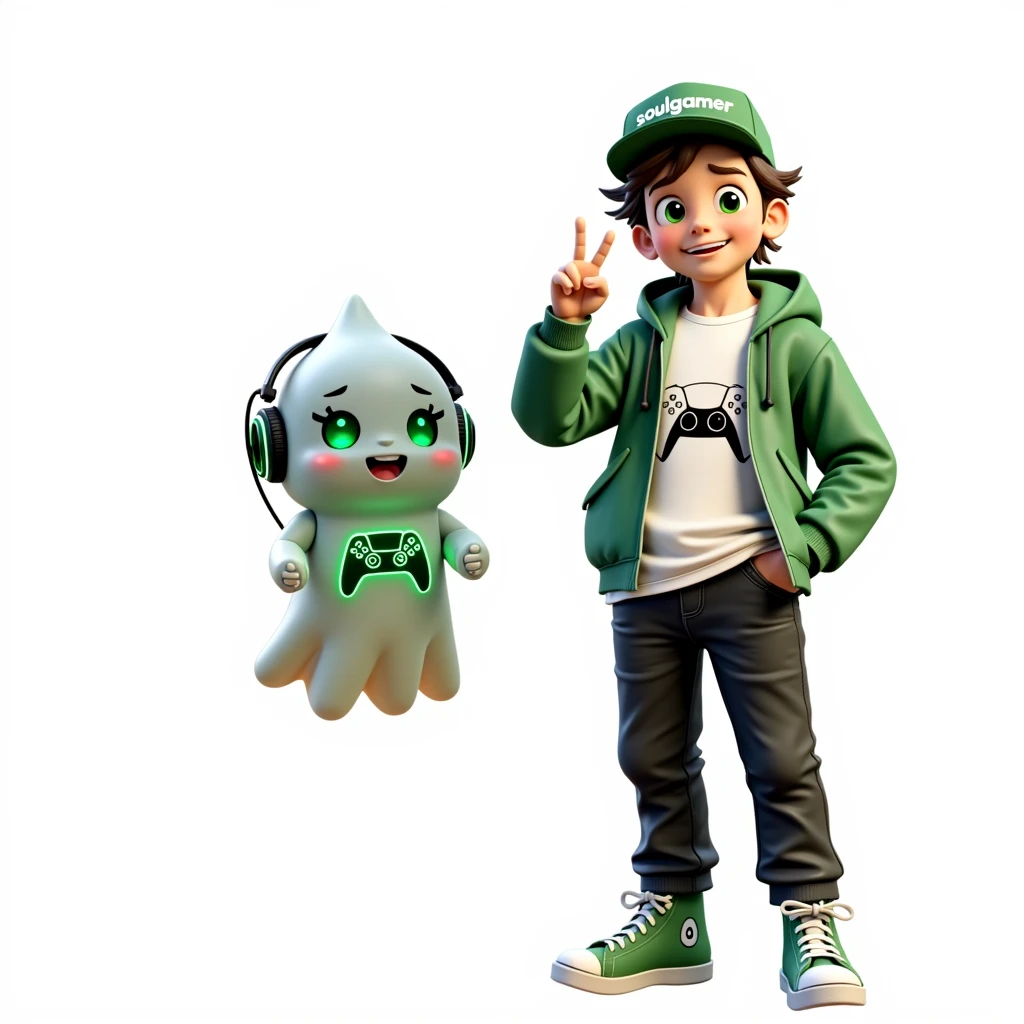 Create two characters that interact with each other. The two characters are friends through many adventures.
Character 1: Boy approximately 1 . He is tall. His facial expression is friendly and smiling., with big green eyes that convey a sense of curiosity and joy. your hair is short, brown in color and slightly disheveled, visible under the CAP. His cap is green and has a Playstation 5 controller printed on the front.. He wears a white T-shirt under a hooded jacket and matching cap.. The jacket has the word "Soulgamer" written visibly at chest height. He wears loose black pants that fit comfortably over green sneakers that match his jacket and cap., with white shoelaces tied tightly. Character 1 is standing with the fist of one of his hands clenched while the fist of his other hand is raised as if he is celebrating..
Character 2: Medium-sized robot mascot with ghost-like appearance. Resembling a drop. On his hands he has five well-defined fingers. His facial expression has large, green eyes with a glow, conveying a friendly and cheerful expression. He has a small open mouth with a happy smile and flushed cheeks.. Its body is white with small green details and a smooth, slightly shiny texture.. He has a headset on his head with an adjustable microphone positioned close to his mouth.. And on his chest you can see the illuminated shape of a Playstation 5 controller in fluorescent green.. It floats in the air, as if he were ready for an adventure.
The scene consists of a stone road with plants on the side and behind the characters you can see a portal where the word is written "Soul Gamer"