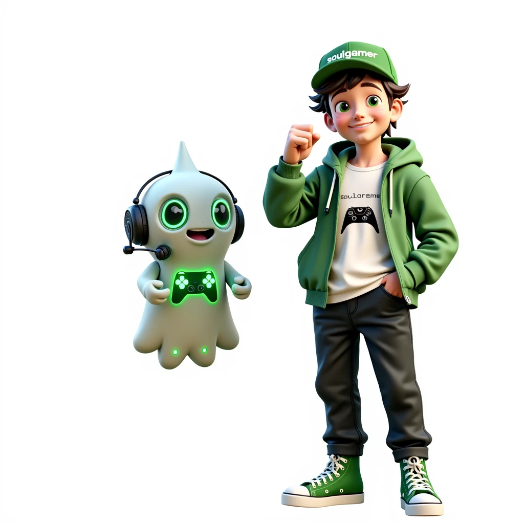 Create two characters that interact with each other. The two characters are friends through many adventures.
Character 1: Boy approximately 1 . He is tall. His facial expression is friendly and smiling., with big green eyes that convey a sense of curiosity and joy. your hair is short, brown in color and slightly disheveled, visible under the CAP. His cap is green and has a Playstation 5 controller printed on the front.. He wears a white T-shirt under a hooded jacket and matching cap.. The jacket has the word "Soulgamer" written visibly at chest height. He wears loose black pants that fit comfortably over green sneakers that match his jacket and cap., with white shoelaces tied tightly. Character 1 is standing with the fist of one of his hands clenched while the fist of his other hand is raised as if he is celebrating..
Character 2: Medium-sized robot mascot with ghost-like appearance. Resembling a drop. On his hands he has five well-defined fingers. His facial expression has large, green eyes with a glow, conveying a friendly and cheerful expression. He has a small open mouth with a happy smile and flushed cheeks.. Its body is white with small green details and a smooth, slightly shiny texture.. He has a headset on his head with an adjustable microphone positioned close to his mouth.. And on his chest you can see the illuminated shape of a Playstation 5 controller in fluorescent green.. It floats in the air, as if he were ready for an adventure.
The scene consists of a stone road with plants on the side and behind the characters you can see a portal where the word is written "Soul Gamer"