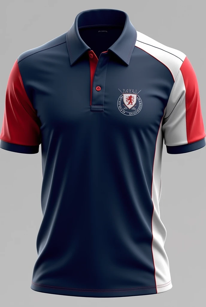 MAKE A STUDENT PROMOTION POLO SHIRT, WHERE THE MAIN COLOR IS NAVY BLUE, WITH WHITE AND BLOOD RED DETAILS, short-sleeved, SHOW ONLY THE SIDE SHOULDER PART