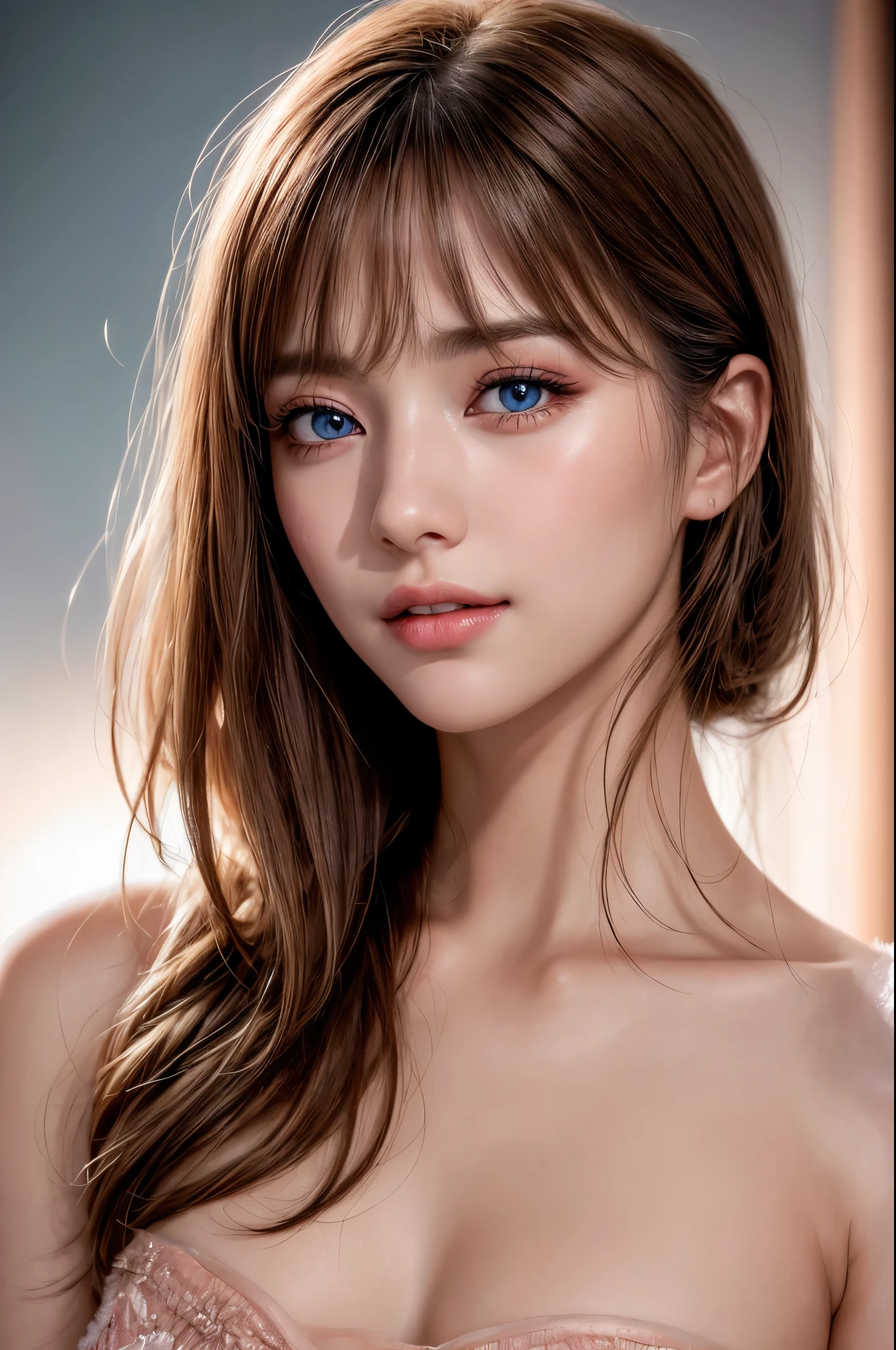 Beautiful blonde in pink Sleeveless,  Very detailed, 2, Innocent face, Naturally Wavy Hair, blue eyes, High resolution, masterpiece, 最high quality, Intricate details, Very detailed, Clear focus, Delicate skin, practical skin texture, texture, Delicate eyes, Professional, 4K, Cute Smile, Shot with Canon, 85mm, Shallow and deep, Kodak Vision Color, Exactly, Very detailedな, photograph_\(Extremist\), photographpractical, practical, Post-processing, Maximum details, Roughness, Real Life, Extremist practical, Photorealism, photographgraphy, 8kウルトラHD, photographgraphy, (最high quality、Tabletop、8k、Best image quality、Award-winning works)、Sleeveless, (Red eyeshadow:1.2)、Perfect Makeup、Long eyelashes、Ultra-high definition sparkling eyes、Ultra HD Hair、ultra High resolution glossy lips、Super High resolution perfect teeth、Super High resolution cute face、Brown Hair、(Very short straight hair:1.1)、Look at me and smile、[clavicle]、Accurate anatomy、With bangs、超High resolutionのShine肌、The most detailed face、Ultra High resolution detailed faces、ultra High resolution hair、Fashion Model 2, [[[[chest]]]], [[[[head]]], [shoulder]]]]], Perfect Eyes, Perfect Iris, Perfect Lips, Perfect Teeth, Perfect Skin, Soft Front Light, Shine, High resolution, (Soft colors: 1.2), Best Quality, a photographrealistic portrait of a stunningly beautiful woman without make-up, Very detailedな light hazel eyes, Symmetrical, realistic face with great detail, Very detailedな natural texture, Peach fuzz, Messy Hair, masterpiece, Absurd, award winning photograph by lee jeffries, nikon d850 film stock photographgraph, Kodak Portra 400 Camera F1.6 Lenses, Very detailedな, wonderful, The finer details, Rich colors, hyper realistic lifelike texture, Dramatic lighting, Unreal Engine, Trending on Art Station, Cinestill 800 Tungsten, Looking at the audience, photograph realistic, RAW photograph, Tanvir Tamim, high quality, High resolution, Sharp focus, Very detailedな, Cinema Lighting, 8k uhd, Kneel