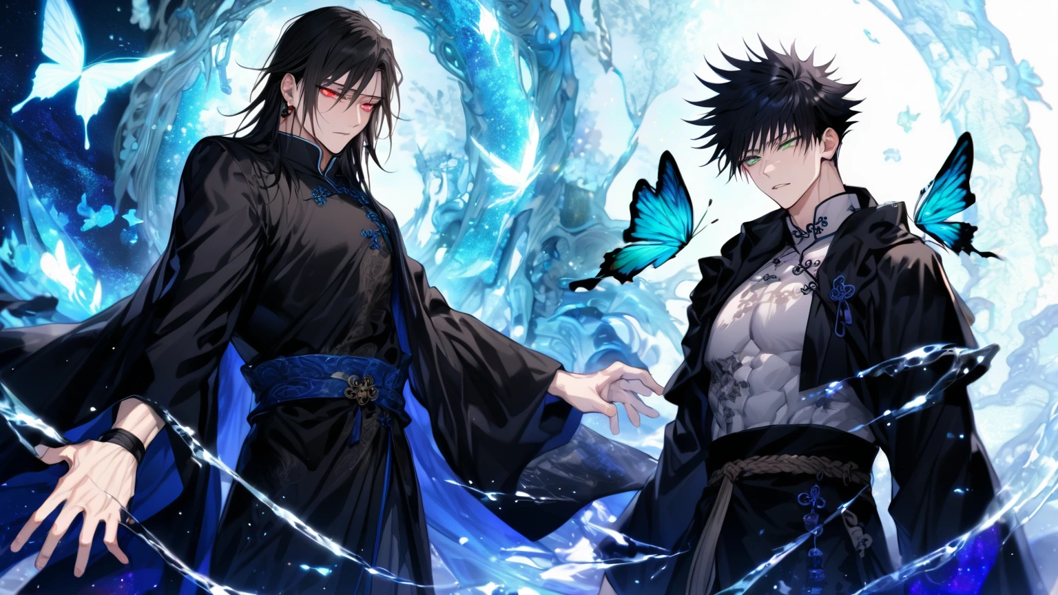 Ultra detailed, Highres, absurdres, HDR, master piece, Getou Suguru, black hair, long hair, expressive red eyes, black Chinese clothes, Fushiguro Megumi, black hair, expressive green eyes, Jujutsu Kaisen, two sexy men together, gay couple, yaoi, handsome, glittering, magical, fantasy, manly men, black Chinese clothes, accessories, blue magical, blue, blue starry sky