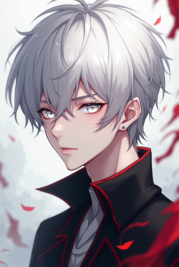Create a male anime-style avatar with white hair, a small red lock, and white eyes, 
