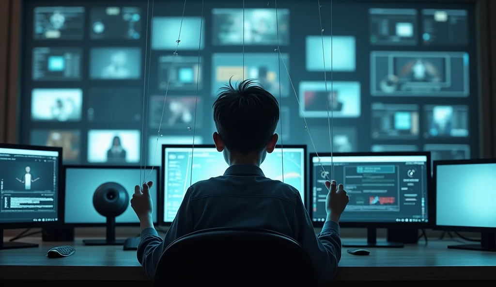 A boy sitting controlling a youtube with his threads and in background have many monitors.  A subtle power that dominates the minds of his audience. Make it more dominanting 