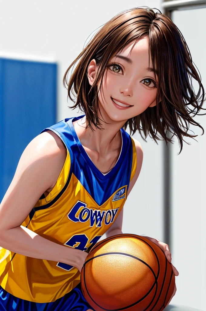 (((Highest quality、8k、32K、masterpiece)))、(Realistic)、(Photorealistic:1.2)、(High resolution)、Very detailed、Very beautiful face and eyes、1 person、Round and small face、Narrow waist、Delicate body、(close、Highest quality、Attention to detail、Rich skin detail)、(Highest quality、8k、Oil paints:1.2)、Very detailed、(Realistic、Realistic:1.37)、Bright colors、(((Brown Hair)))、(((Cowboy Shot)))、(((short hair)))、(((Pure white wall background)))、(((Wearing a basketball uniform)))、(((Blue and yellow basketball outfit)))、(((smile)))、(((One female)))、(((Tank top style uniform)))