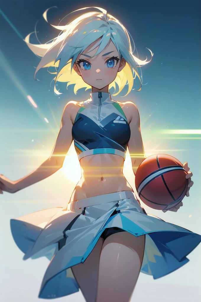(hyper quality), [standing picture, upper body, close-up of girl:0.6], slim body, perfect body, mini skirt, sports bra, gradient background, anime character, (cute girl:1.1), sexy, glistening light of waves