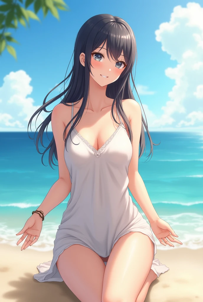 RAW Photos、Japanese Beautiful Girl、cute、1、Larger camisole、Open your hands、Spread your legs、smile、Seaside