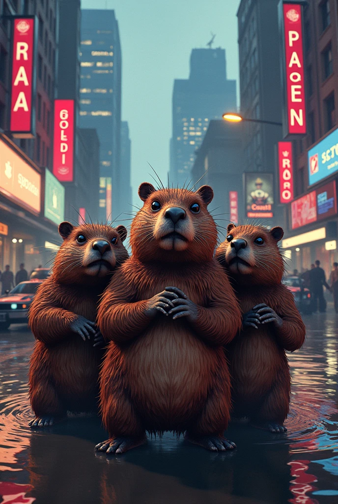 Create a picture of different beavers in the design like the covers of the well-known console games of GTA.