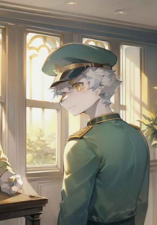 White male cat,boys,Handsome,Silver Hair,Detailed background,,Golden Eyes,military uniform,Wearing a lot of medals,serious,Wearing a military cap,Saber in hand,In the meeting room,Detailed background