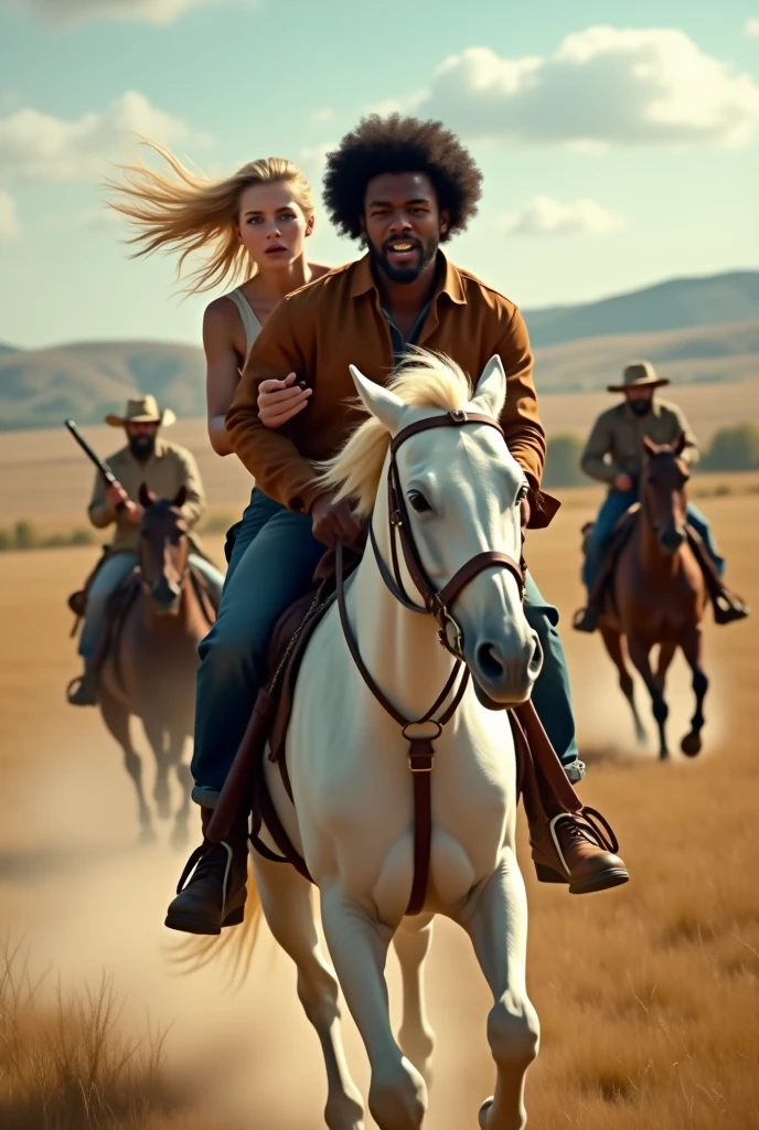 Photo of a young black man with afro hairstyle, running away with a young blonde with blue eyes, on a white horse and being watched by brave men armed with rifles, in a situation of danger