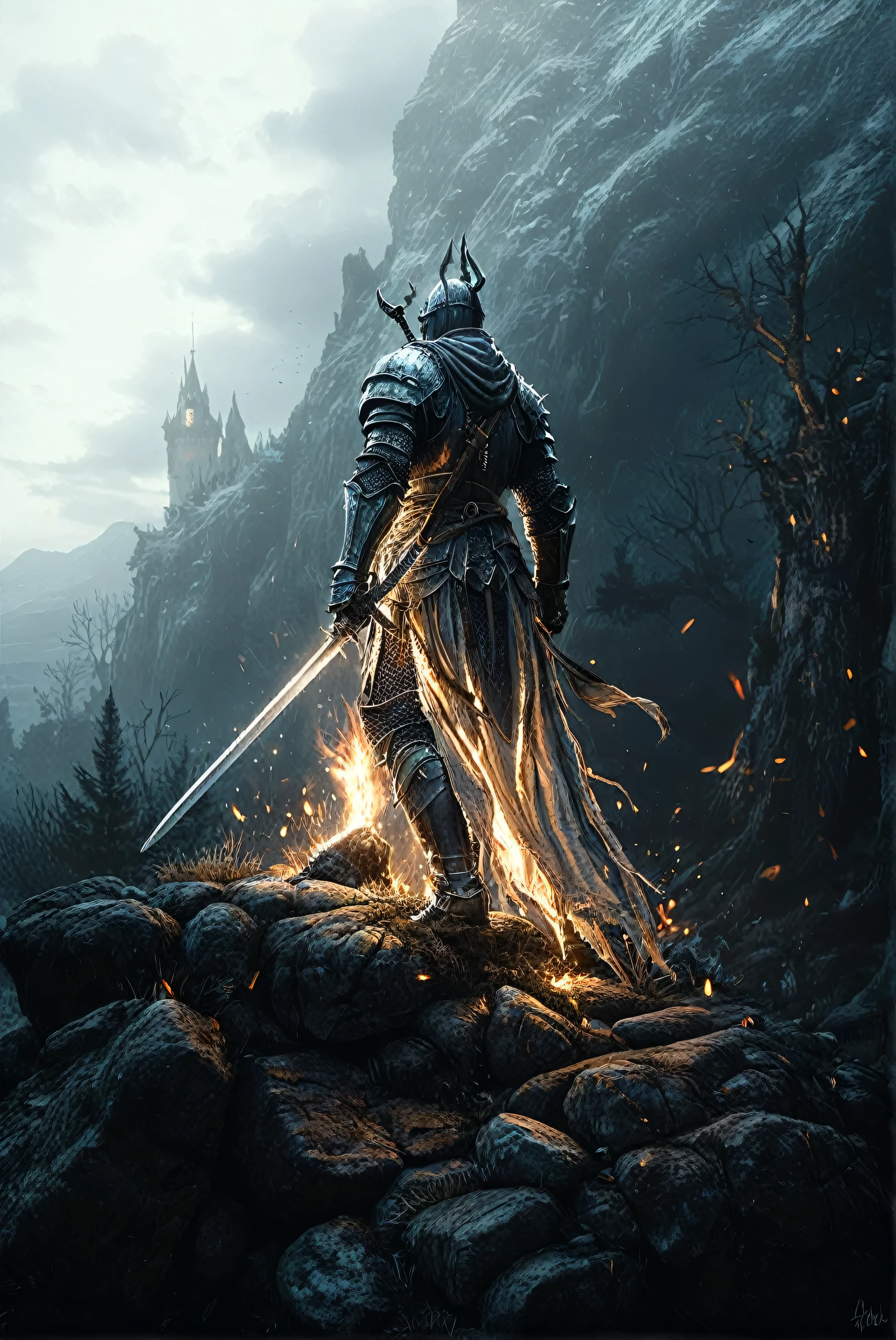 a close up of a person standing on a rock with a sword, dark souls art, dark soul concept art, dark souls art style, dark souls concept art, epic elder scrolls art, epic video game art, darksouls concept art, ultra detailed game art, skyrim art, in style of dark souls 3, dark souls style, epic fantasy game art, artorias