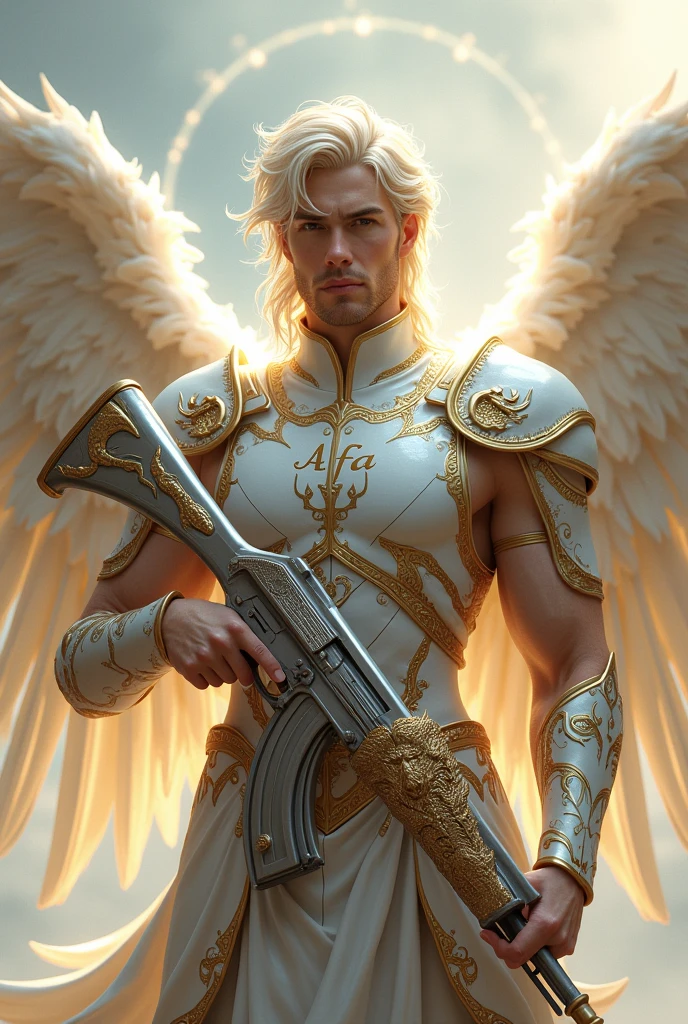 Warrior Angel in White and Gold colors, with the name ALFA on his chest holding a silver AK-47 with dragon details