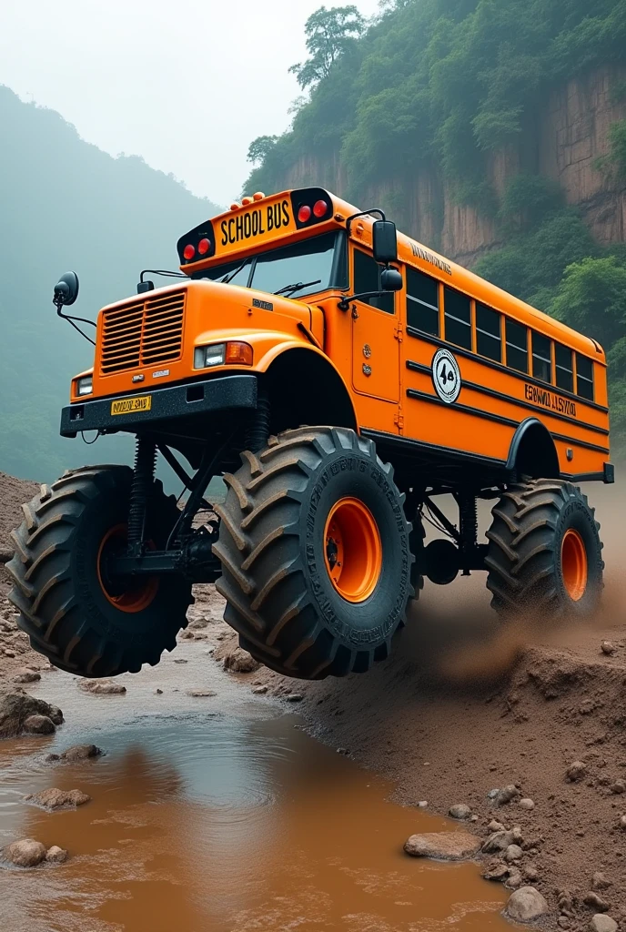 Malaysia Bus school Orange color. Big tyre. Monster truck tyre.. 4×4 . Off-road. On mud . Jumping from high place.from chilff Jumping . Very epic. Very stunning. At river. Stripe white bas sekolah logo. 